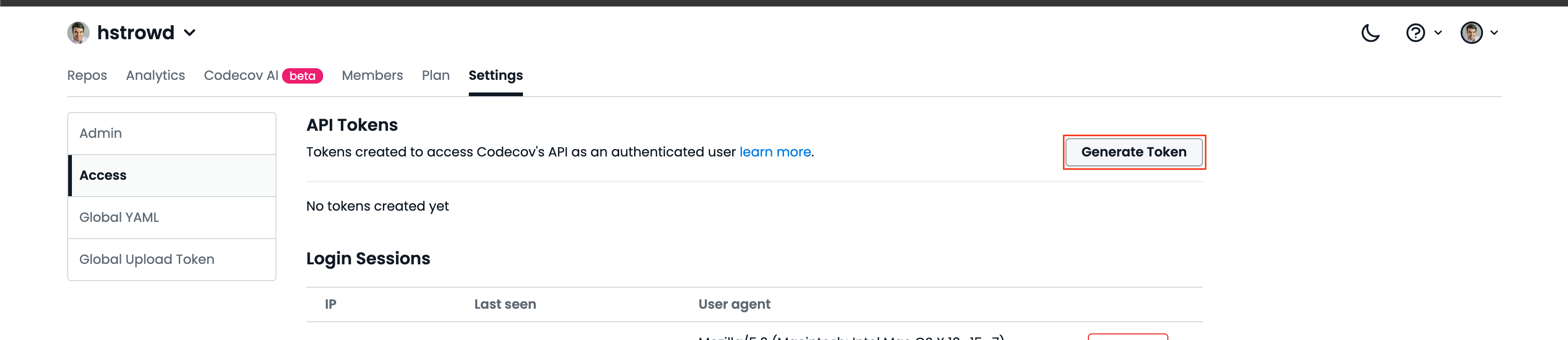 CodeCov Access page with Generate Token button highlighted