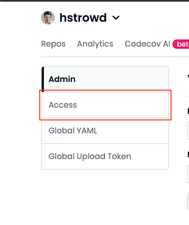 CodeCov Settings page navigation bar with Access menu highlighted